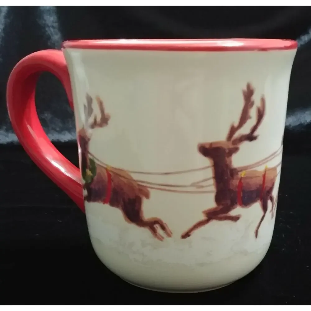 Retired Williams Sonoma Santa and His Reindeer 4”Tall Mug Christmas Holiday 2011